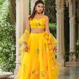 Sunflower Yellow Organza Floral Lehenga Set