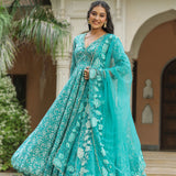 Teal Blue Cotton Floral Printed Anarkali Set