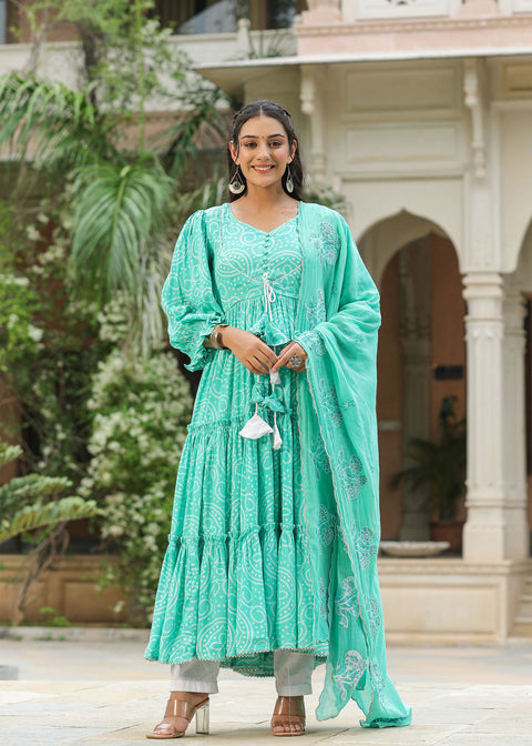 <img> Mint Blue Silk Bandhani Printed Anarkali Set