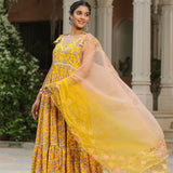 Saffron Yellow Cotton Floral Printed Anarkali Set