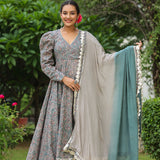 Granny Grey Cotton Floral Printed Anarkali Set