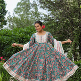Persian Green Cotton Floral Printed Anarkali Set