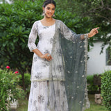 White And Grey Georgette Floral Printed Sharara Set