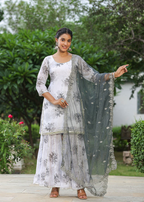 <img> White And Grey Georgette Floral Printed Sharara Set