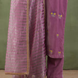 Embroidered Lilac Straight Kurta And Pant With Banarashi Strip Dupatta