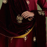 Floral Foil Print Dark Maroon Straight Kurta Set With Velvet Dupatta