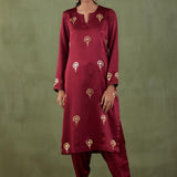 Maroon Foil Printed Mashru Silk Straight Kurta And Salwar With Velvet Shawl Set