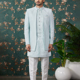 Powder Blue Art Silk Three Piece Sherwani Set