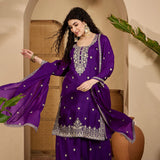 Royal Purple Chinon Silk Embroidered Kurta Set