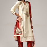 Cream Raw Silk Kurti With Pants And Netted Dupatta