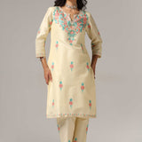 Cream Raw Silk Kurti With Pants And Netted Dupatta Set
