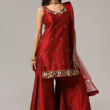 Maroon Raw Silk Kurti With Sharara And Dupatta