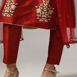 Maroon Raw Silk Kurti With Pants And Net Dupatta