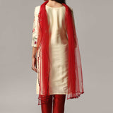 Cream Raw Silk Kurti With Contrast Pants And Netted Dupatta Set