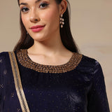 Dark Blue Soft Organza Hand Embroidered Kurti Set