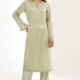 Pastel Green Silk Organza Thread Work Kurti Set