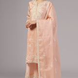 <img> Peach Pink Organza Thread Embroidered Kurti Set