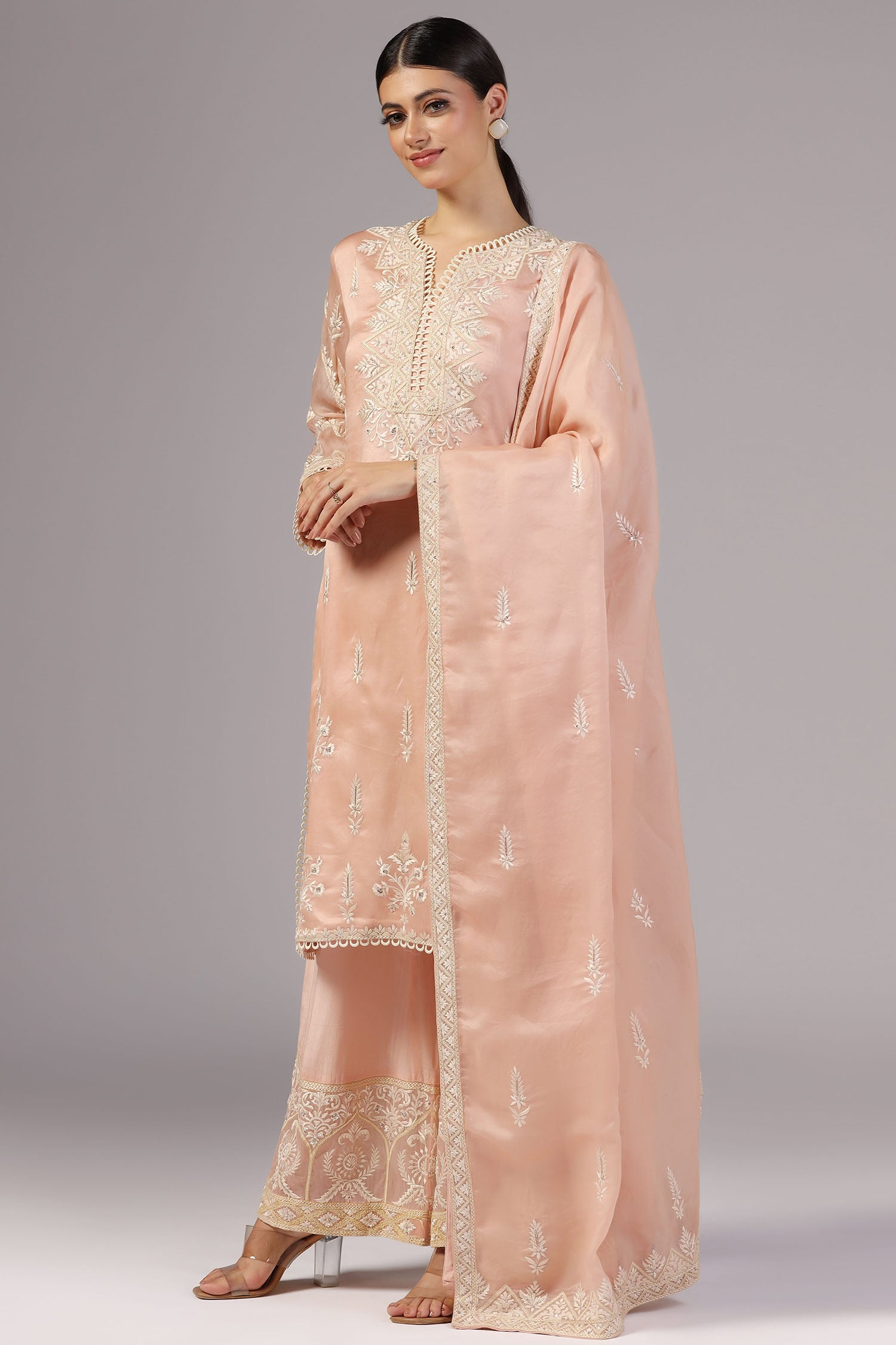 <img> Peach Pink Organza Thread Embroidered Kurti Set