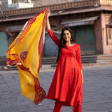 Red Cotton Silk Suit Set With Bandhani Dupatta