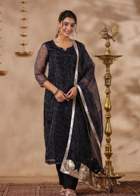 <img> Black Organza Floral Printed Gharara Set