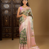 Dark Green Floral Kanjivaram Silk Saree