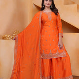 Bright Orange Silk Embroidered Sharara Set