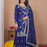 Dark Blue Floral Embroidered Georgette Sharara Set