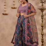 Bluish Grey Organza Floral Printed Indo-Western Co-Ord Set