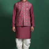 Red Cotton Blend Kurta Set With Printed Nehru Jacket