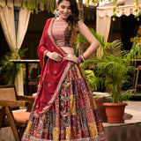 Maroon Satin Printed Lehenga Set