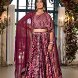 Wine Satin Printed Lehenga Set