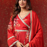 Bright Red Chinon Floral Printed Anarkali Set