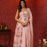 Soft Pink Chinon Floral Printed Anarkali Set