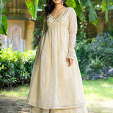 Pastel Cream Tissue Solid Anarkali Set