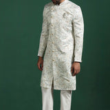 Ceramic White Printed Cotton Blend Sherwani Set