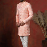 Peach Pink Cotton Blend Printed Sherwani Set