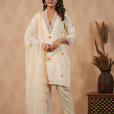 Off White Russian Silk Embroidered Kurti Set