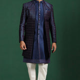 Navy Blue And White Jacquard Sherwani Set