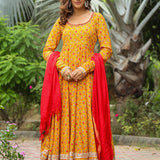Corn Yellow French Crepe Printed Anarkali Set