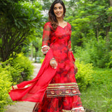 Rose Red Organza Abstract Printed Sharara Set