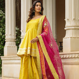 Solid Yellow Cotton Silk Sharara Set