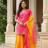 Pink And Yellow Brocade Bandhani Printed Sharara Set