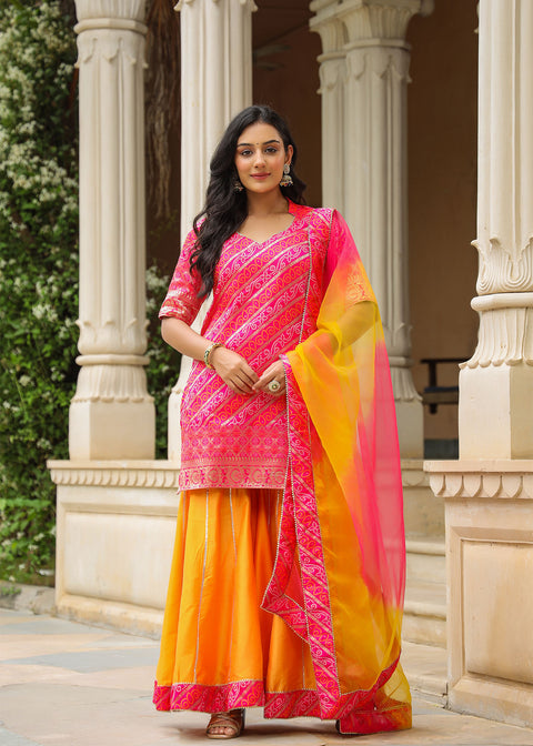 <img> Pink And Yellow Brocade Bandhani Printed Sharara Set