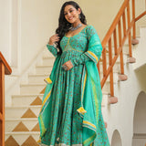 Turquoise Blue Cotton Floral Printed Anarkali Set