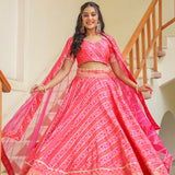 Bright Pink Brocade Silk Bandhani Printed Lehenga Set