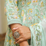 Mint Green Cotton Floral Printed Anarkali Set