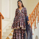 Tuna Blue Cotton Floral Printed Sharara Set