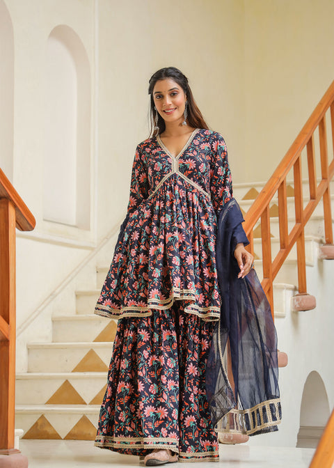<img> Tuna Blue Cotton Floral Printed Sharara Set