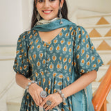 Teal Blue Cotton Printed Anarkali Set