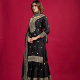 Black Embroidered Silk Floral Sharara Set